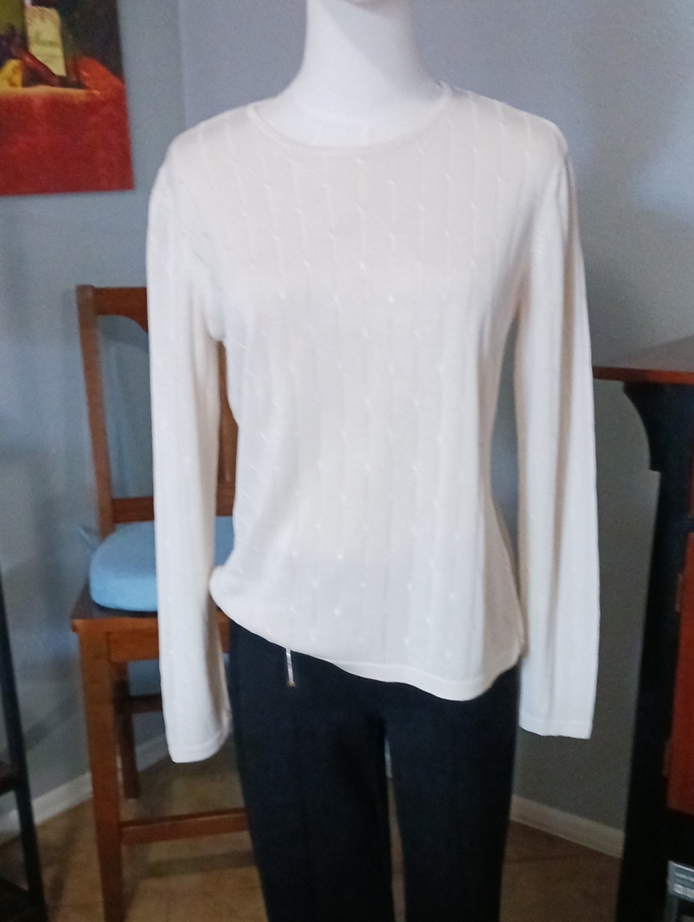 Talbots Silk Cream Cable-Pattern Long Sleeve Crewneck Sweater